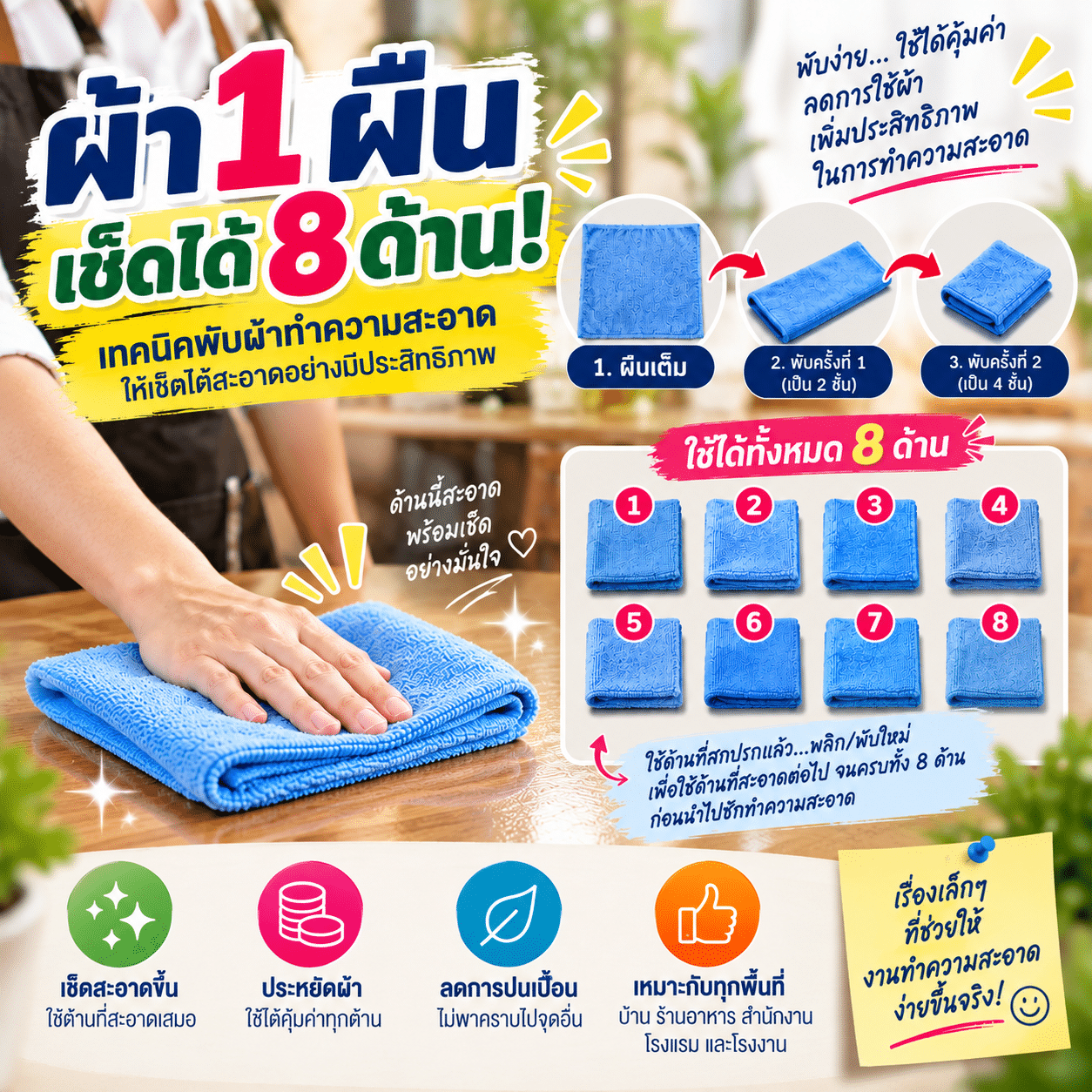 วิธีพับผ้าเช็ดโต๊ะ 8 ด้าน